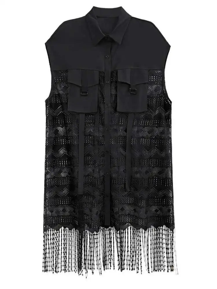 Women Army Green Lace Perspective Tassels Midi Shirt Dress New Lapel Sleeveless Fashion Tide Spring Summer 2025 1DH4540