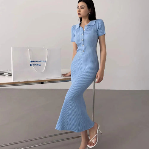 Load image into Gallery viewer, Korean Version Summer Solid Elegant Office Lady Button Knitted Long Dress Women's Slim Short Sleeve Wrapped Hip Fishtail Dresses
