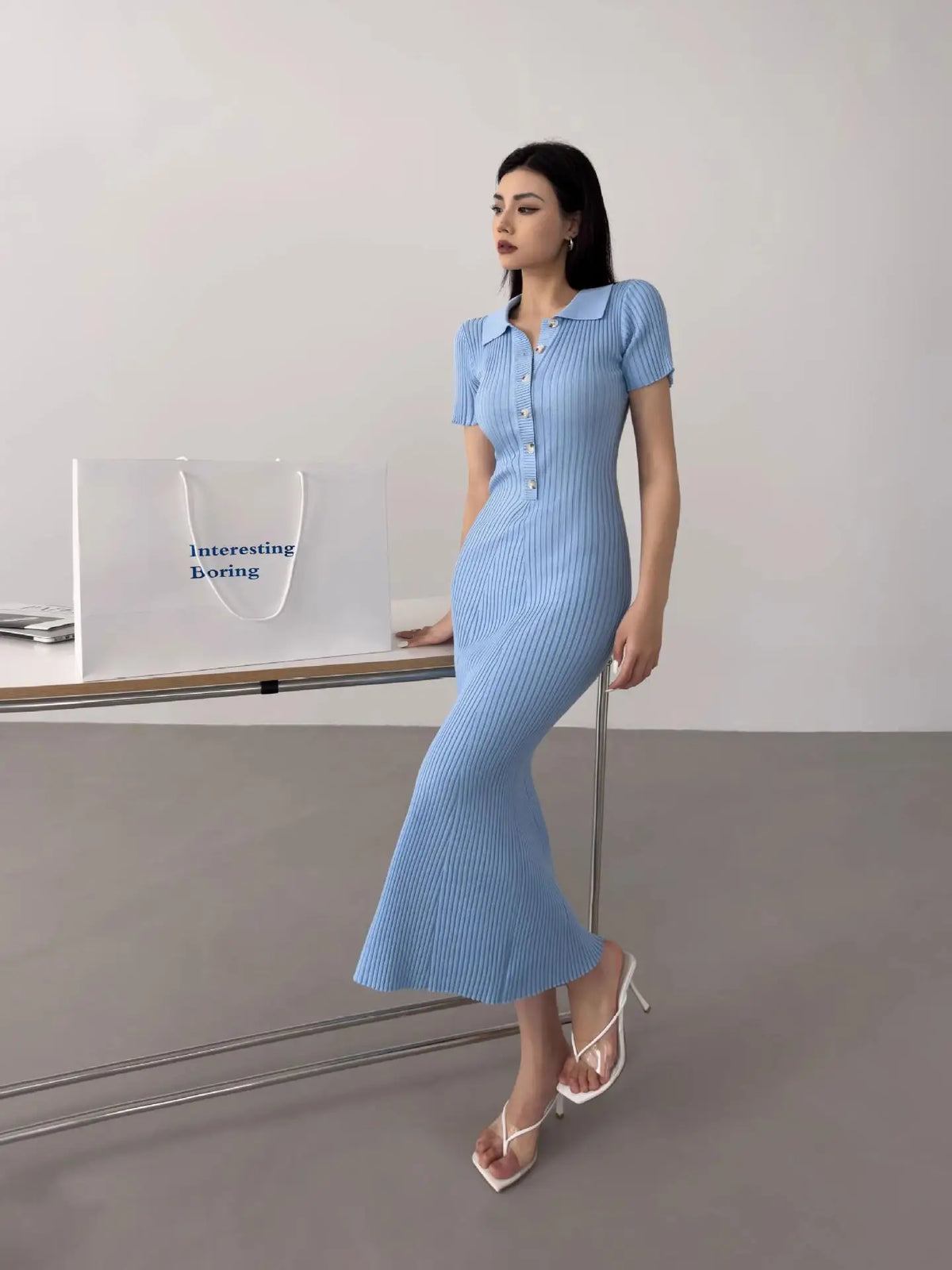 Korean Version Summer Solid Elegant Office Lady Button Knitted Long Dress Women's Slim Short Sleeve Wrapped Hip Fishtail Dresses