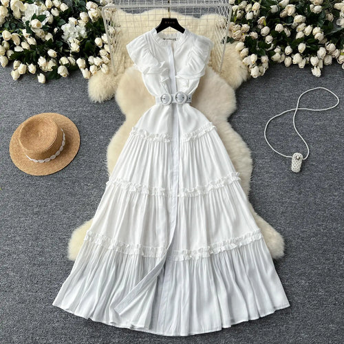 Load image into Gallery viewer, Vintage New Summer Women Black Evening Party Ruffle Edge Long Dress French White Elegant Sleeveless Slim Prom Pleated Vest Dress

