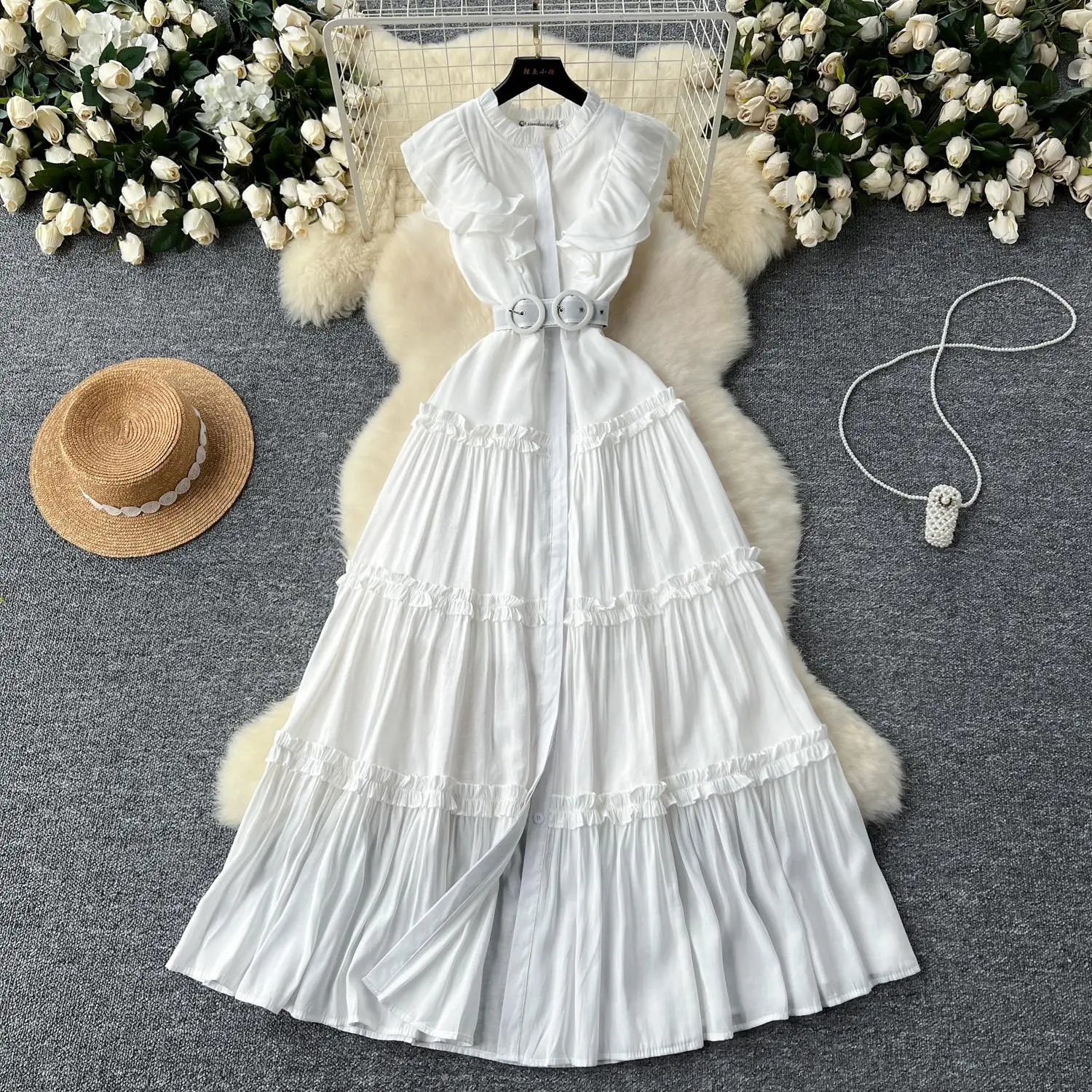 Vintage New Summer Women Black Evening Party Ruffle Edge Long Dress French White Elegant Sleeveless Slim Prom Pleated Vest Dress