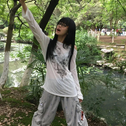 Load image into Gallery viewer, Harajuku Skew Collar Loose T-shirts 2025 Streetwear Letter Print Grunge Tops Women Casual Y2k Aesthetic Summer Sunscreen Tees
