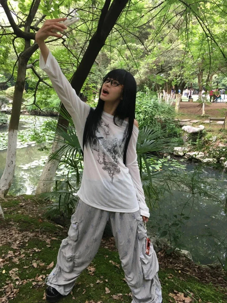 Harajuku Skew Collar Loose T-shirts 2025 Streetwear Letter Print Grunge Tops Women Casual Y2k Aesthetic Summer Sunscreen Tees