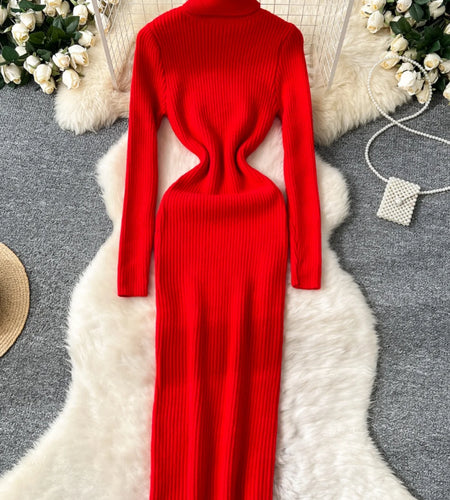 Korean Women Solid High Neck Straight Dresses Autumn Winter Slim Long Sleeve Office Knitted Dress Ladies Simplicity Popular Chic