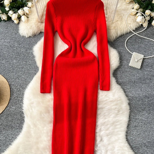 Load image into Gallery viewer, Korean Women Solid High Neck Straight Dresses Autumn Winter Slim Long Sleeve Office Knitted Dress Ladies Simplicity Popular Chic
