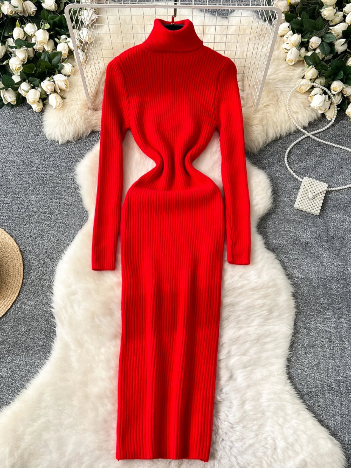 Korean Women Solid High Neck Straight Dresses Autumn Winter Slim Long Sleeve Office Knitted Dress Ladies Simplicity Popular Chic