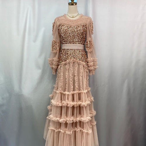 Load image into Gallery viewer, Solid Spliced Bead Luxurious Dresses for Women O Neck Long Sleeves High Waist Sheer Patchwork Fungus Dress Female
