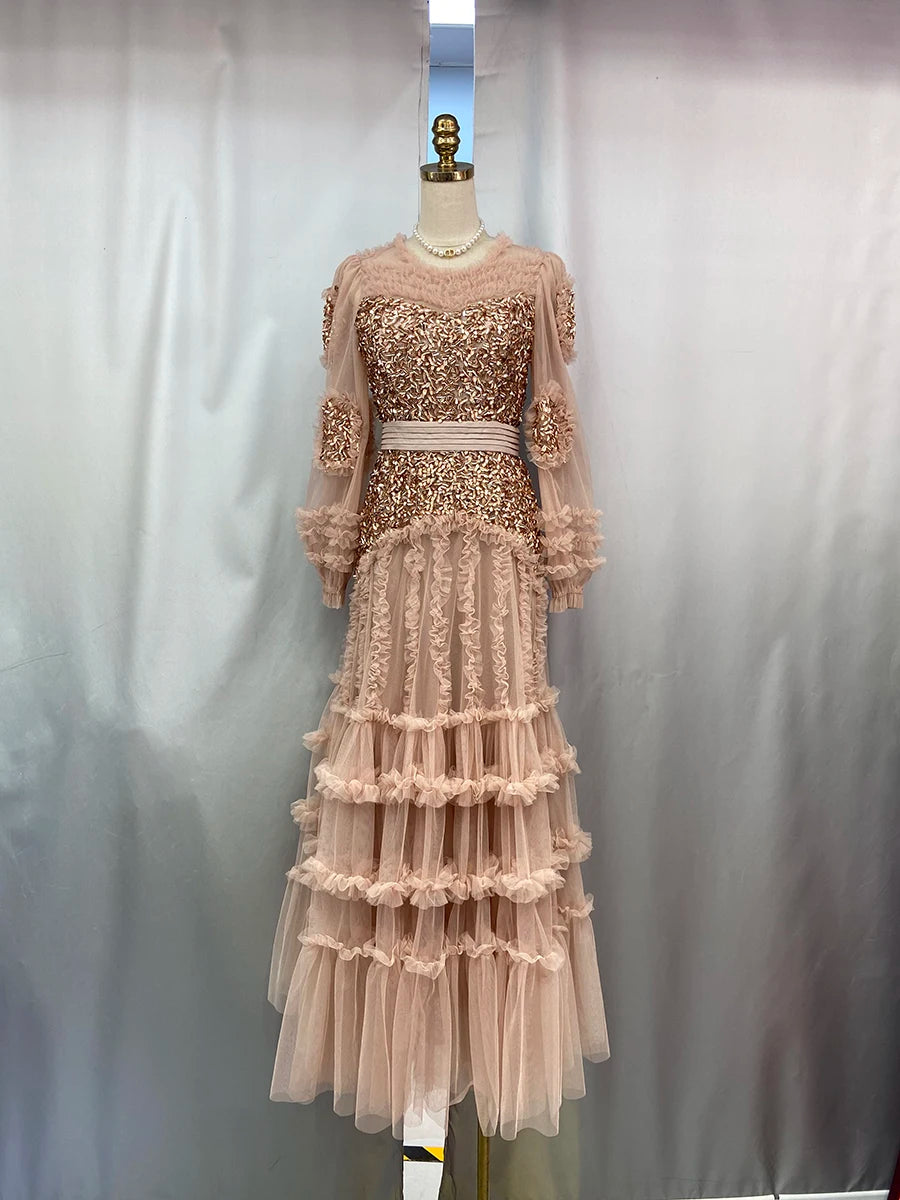 Solid Spliced Bead Luxurious Dresses for Women O Neck Long Sleeves High Waist Sheer Patchwork Fungus Dress Female