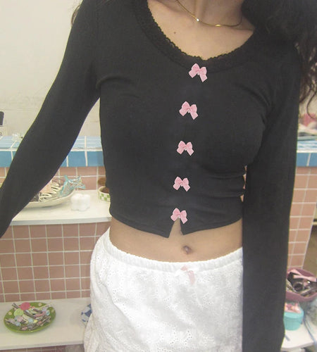 Sweet Chic Bow Spring Autumn Tees Women Lace Trim Slim Basic Cute T shirt Coquette Clothes Korean Cropped Top Knitted