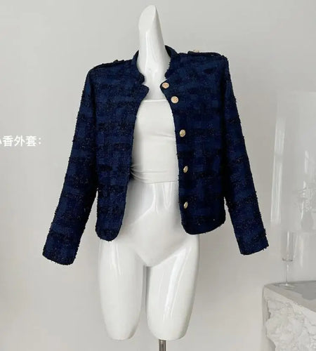 French Vintage 2024 Autumn Winter New Women's Fashion Elegant Long Sleeved Small Fragrant Style Blue Single Breasted Short Coat