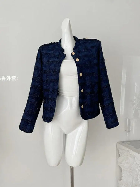 French Vintage 2024 Autumn Winter New Women's Fashion Elegant Long Sleeved Small Fragrant Style Blue Single Breasted Short Coat