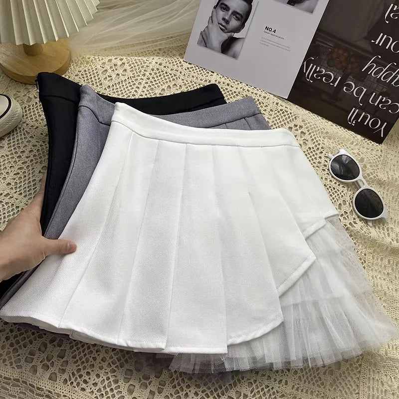 Korean 2024 Spring Summer Women Black Mesh Patchwork High Waist Mini Skirt White Sexy Club Girl Party A-line Pleated Short Skirt