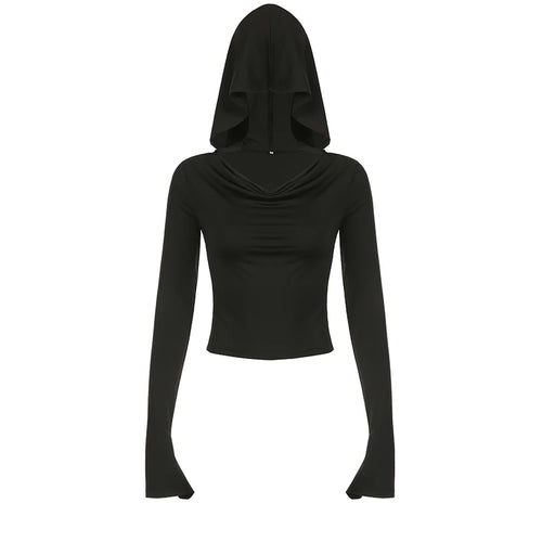 Load image into Gallery viewer, Long Sleeve Black Hooded Fitness Autumn Tee Shirts Slim Basic Casual Female T-shirts Swinging Collar Elegant Top Goth
