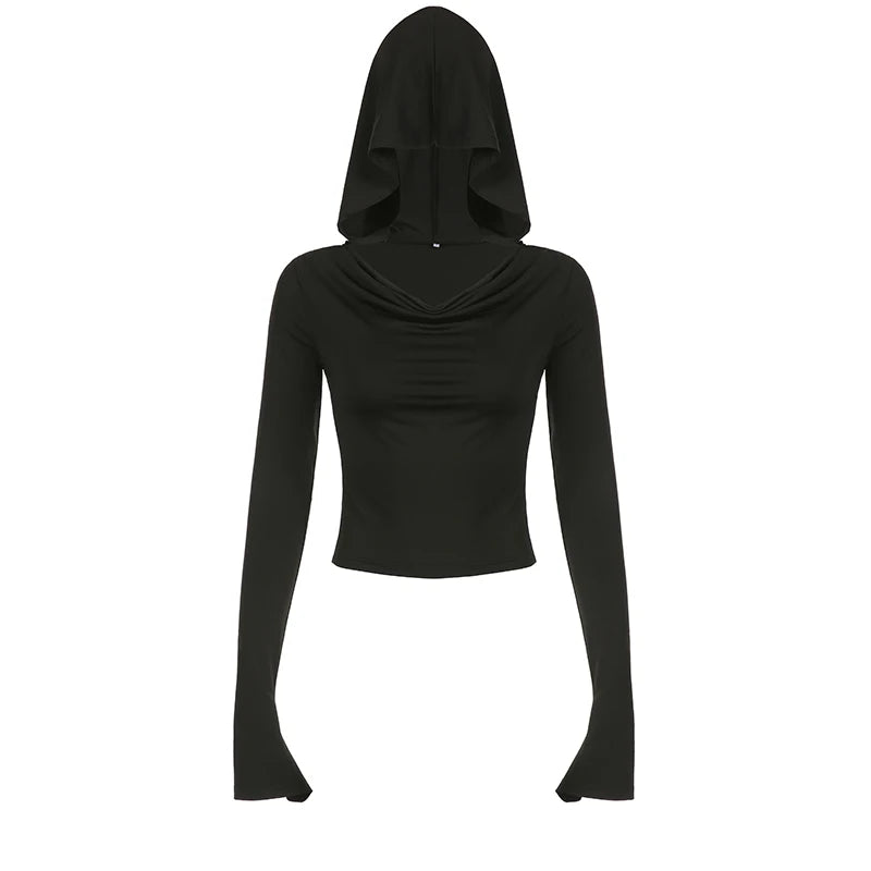 Long Sleeve Black Hooded Fitness Autumn Tee Shirts Slim Basic Casual Female T-shirts Swinging Collar Elegant Top Goth