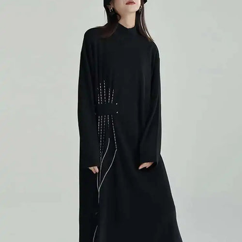 Load image into Gallery viewer, Women Black Topstitched Long Big Size Dress New Turtleneck Long Sleeve Loose Fit Fashion Tide Spring Autumn 2025 1DF3239
