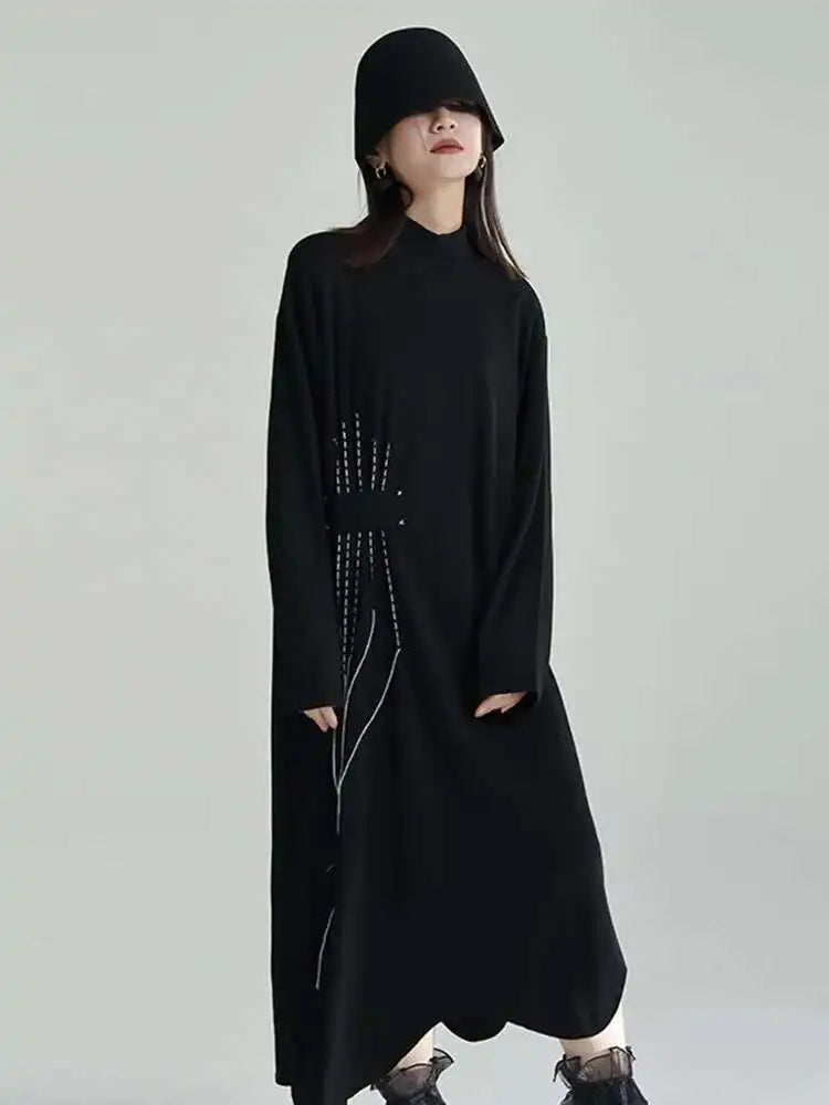 Women Black Topstitched Long Big Size Dress New Turtleneck Long Sleeve Loose Fit Fashion Tide Spring Autumn 2025 1DF3239