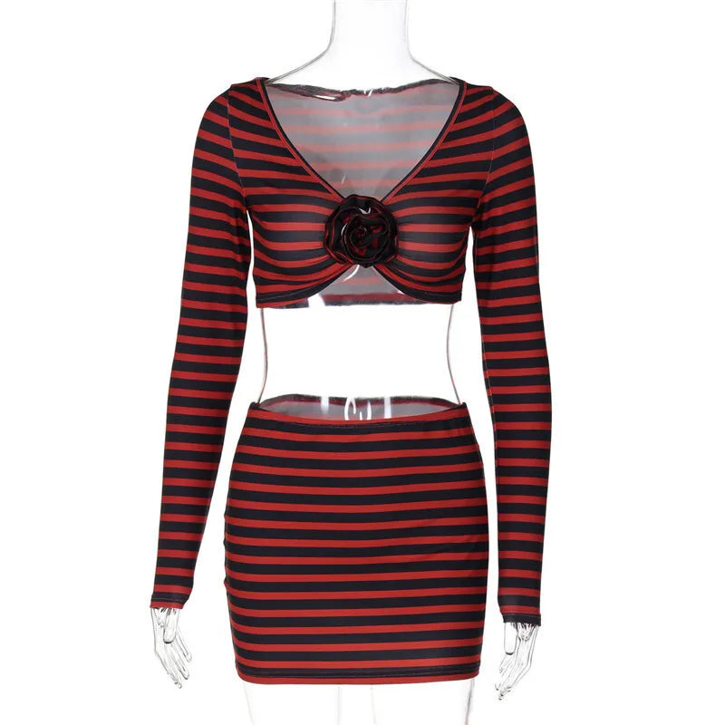 Striped Print Sexy Two Piece Set Women Floral V Neck Long Sleeve T-shirt And Mini Skirt Matching Set Sexy Two Piece Set