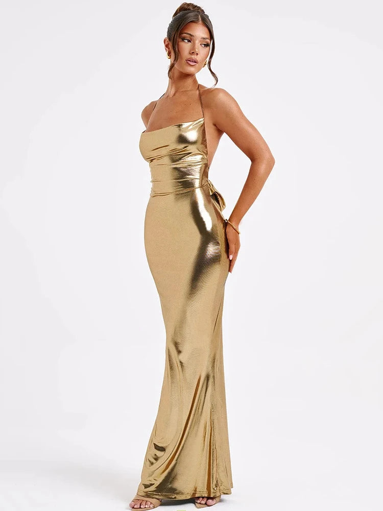 Sexy Sleeveless Metal Dress For Women Elegant Backless Evening Dress Maxi Bodycon Vestidos Fashion Party Clubwear 2024
