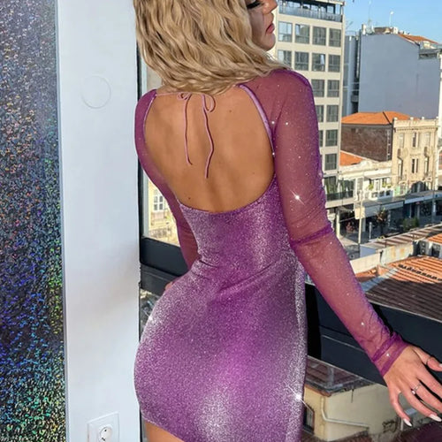 Load image into Gallery viewer, Summer New Fashionable Sparkling Spliced Mesh Dress Women Elegance Showcasing Long Sleeve Hip Wrap Skirt Paty Clubwear
