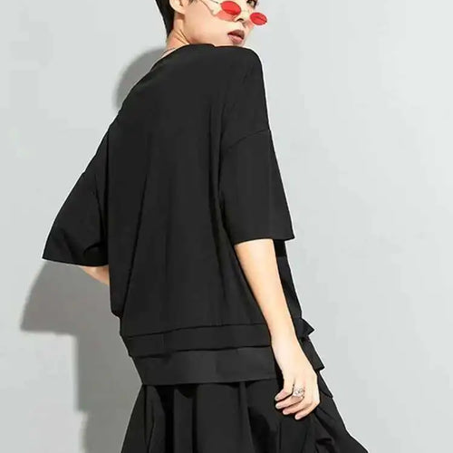 Load image into Gallery viewer, Women Black Irregular Ribbon Big Size T-shirt New Round Neck Half Sleeve  Fashion Tide  Spring Summer 2025 1DD5759
