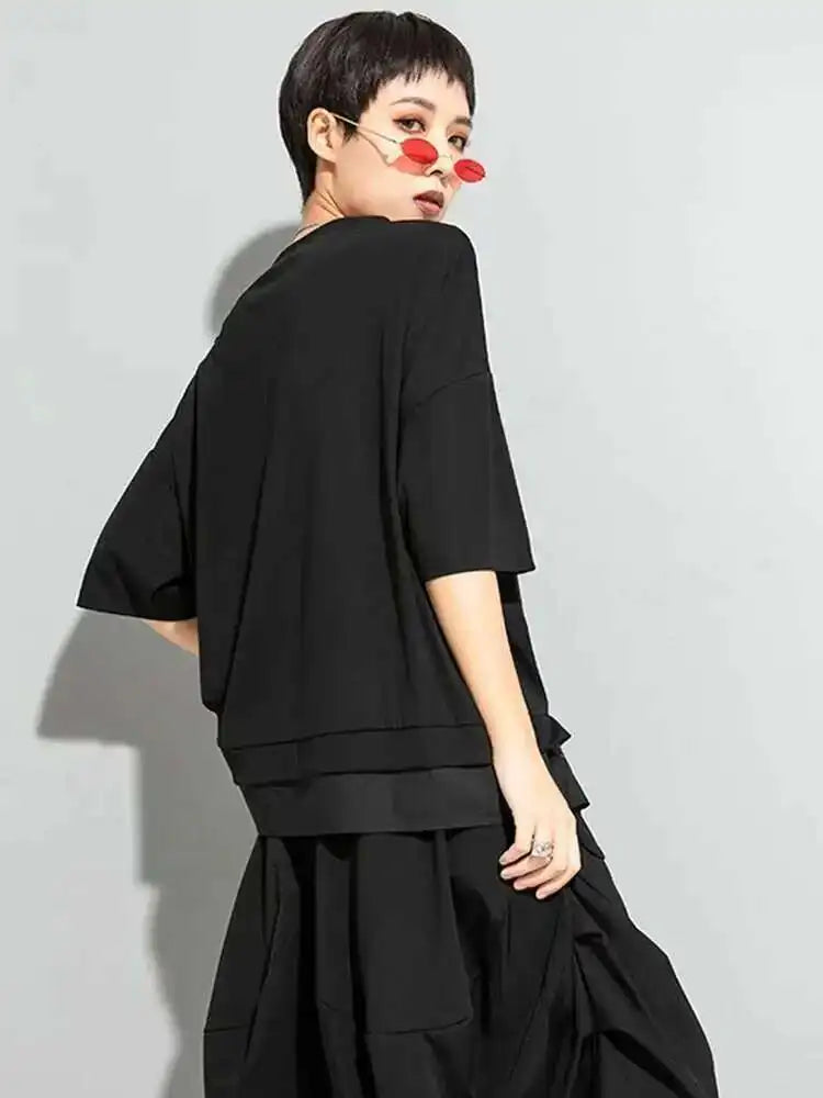 Women Black Irregular Ribbon Big Size T-shirt New Round Neck Half Sleeve  Fashion Tide  Spring Summer 2025 1DD5759