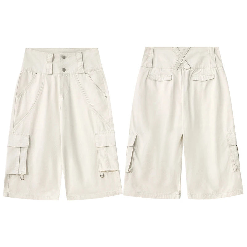 Men's Cargo Shorts American Style High Street Multi Pockets Design Niche Solid Color Straight Leg Male Bottoms 9W2033