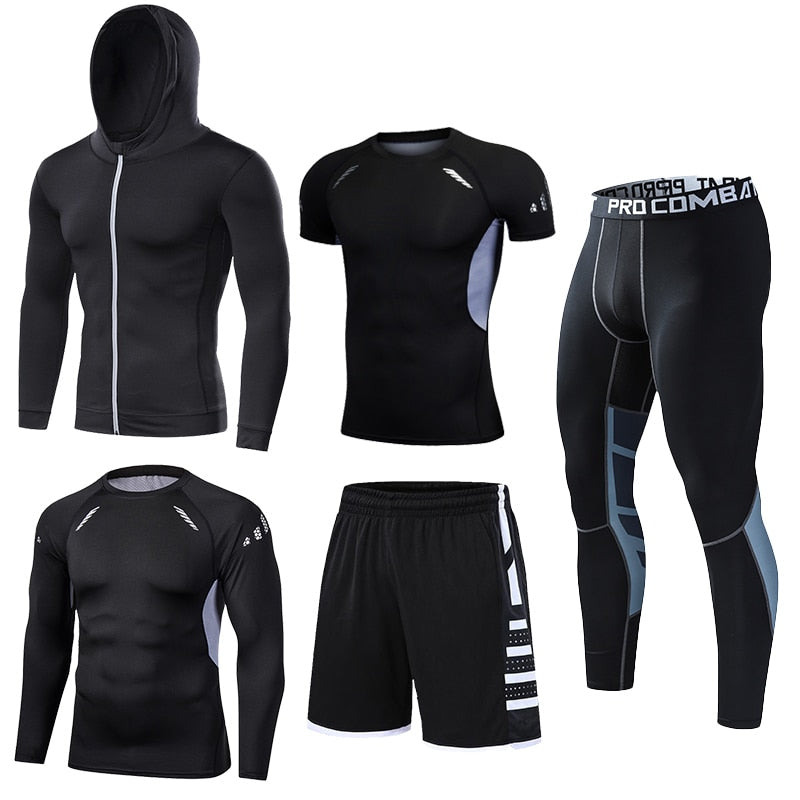Mens Compression Sportswear Set Gym Running Sport Clothes Tight T-shirt Lycra Leggings Athletics Shorts Fitness Rash Guard Kits v2