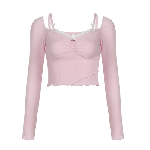 Load image into Gallery viewer, Sweet Pink Frill Bow Women T-shirts Spring Slim Folds Lace Cutecore Crop Tops Korean Coquette Clothes Girls Y2K Tees
