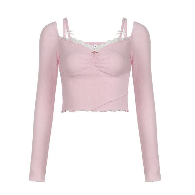 Sweet Pink Frill Bow Women T-shirts Spring Slim Folds Lace Cutecore Crop Tops Korean Coquette Clothes Girls Y2K Tees
