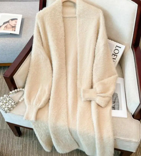Korean Fashion Brown Imitation Mink Sweater Cardigan Coat Women Autumn Beige Loose Soft Top White Long Knitted Jacket New Simple