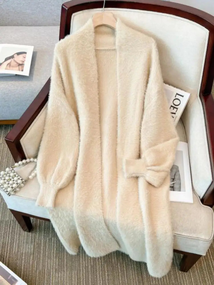 Korean Fashion Brown Imitation Mink Sweater Cardigan Coat Women Autumn Beige Loose Soft Top White Long Knitted Jacket New Simple
