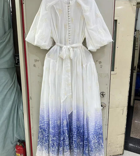 Gradient Spliced Embroidery Elegant Dresses for Women Round Neck Half Sleeves Patchwork Lace Up Dress Female New