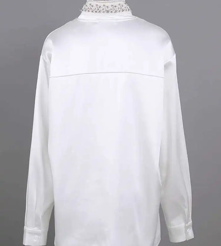 Women White Pearl Spliced Big Size Elegant Blouse New V-neck Long Sleeve Shirt Fashion Tide Spring Autumn 2025 CPG2795