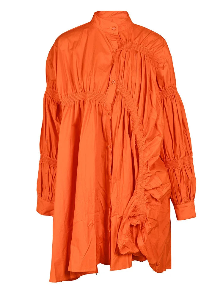 Women Orange Irregular Pleated Big Size Dress New Stand Collar Long Sleeve  Fashion Tide Spring Autumn 2025  1DF4807115