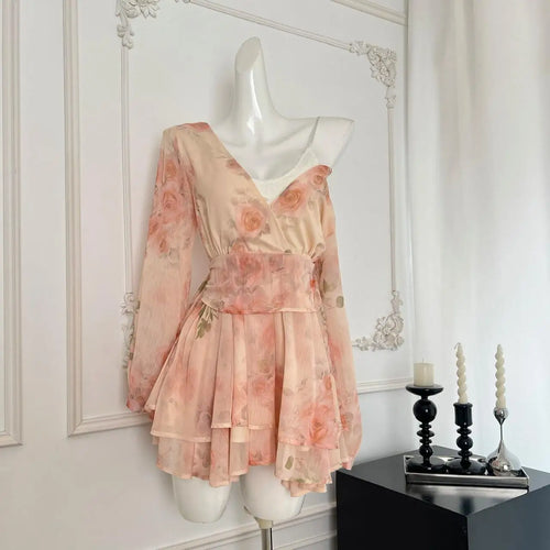 Load image into Gallery viewer, Autumn Khaki Print V-neck Elegant Long Sleeve Mini Dress French Women Vintage Sweet Pink Vacation Party Short Dress Fashion Boho
