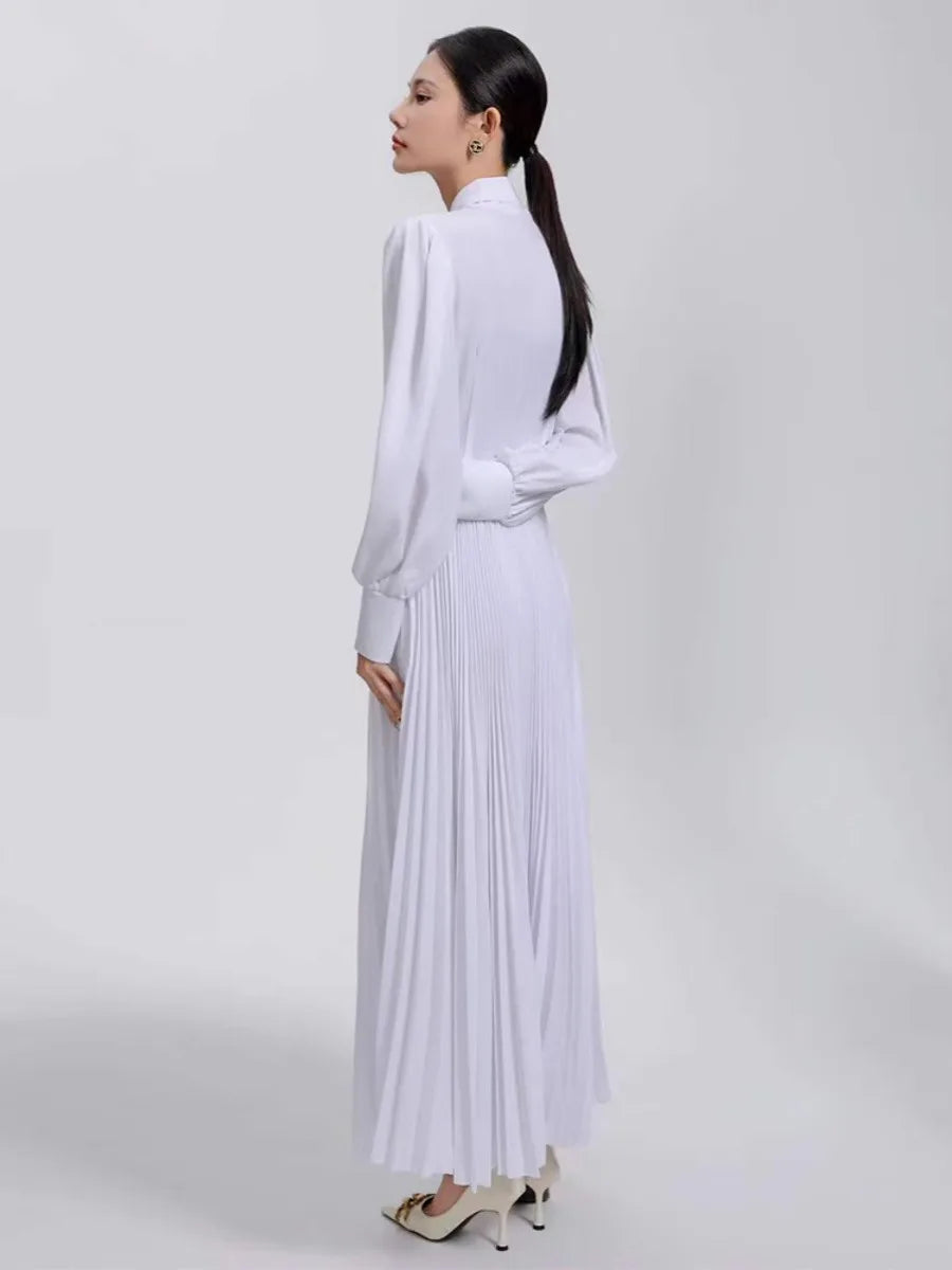 Solid Minimalist Elegant Dresses for Women Scarf Collar Long Sleeve High Waist Dress Female Fashion