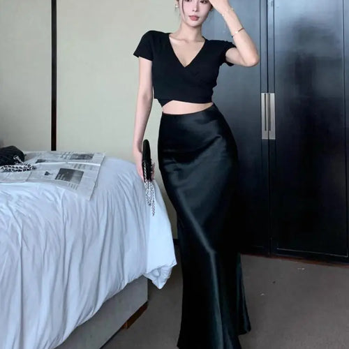 Load image into Gallery viewer, Spring Summer Women Black Beige Elegant Long Skirt Korean Version Pink High Waist Temperament Vacation Half Skirt Versatile Chic

