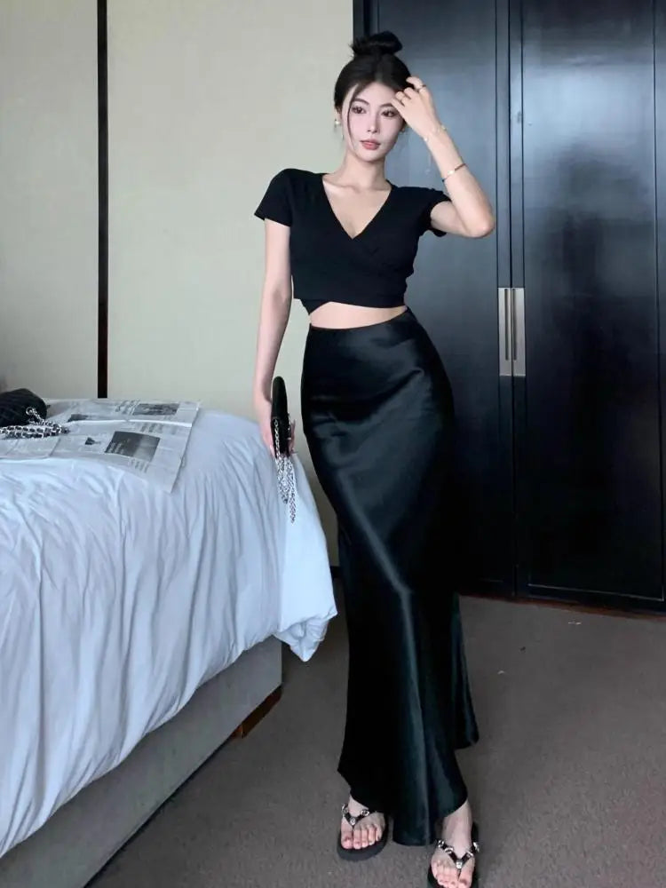 Spring Summer Women Black Beige Elegant Long Skirt Korean Version Pink High Waist Temperament Vacation Half Skirt Versatile Chic