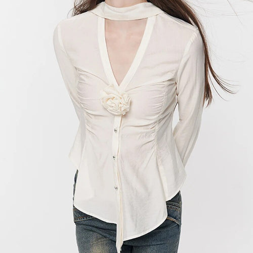 Load image into Gallery viewer, Solid Spliced Floral Blouses For Women V Neck Long Sleeve Patchwork Folds Slimming Shirt Female Fashion Clothing
