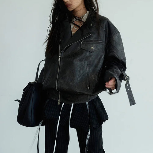 Load image into Gallery viewer, PU Leather Dark Brown Big Size Vintage Jacket New Stand Collar Long Sleeve Women Coat Fashion Spring Autumn 2025 1DH7079
