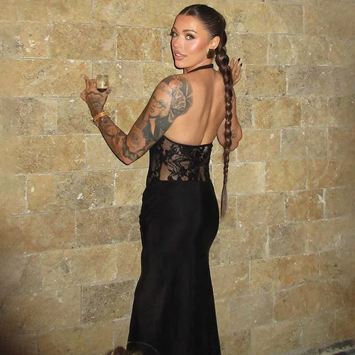 Load image into Gallery viewer, Sheer Lace Hollow Out Sexy Maxi Dress For Women Gown Halter Deep V Neck Sleeveless Backless Bodycon Long Dress
