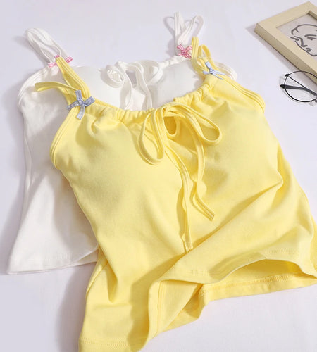 Korean Summer Sweet White Elegant Sleeveless Lace-up Slip Vest Women 2024 Fashion Vacation Yellow Bow Backless Tops Clothing New