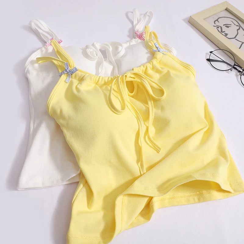 Korean Summer Sweet White Elegant Sleeveless Lace-up Slip Vest Women 2024 Fashion Vacation Yellow Bow Backless Tops Clothing New