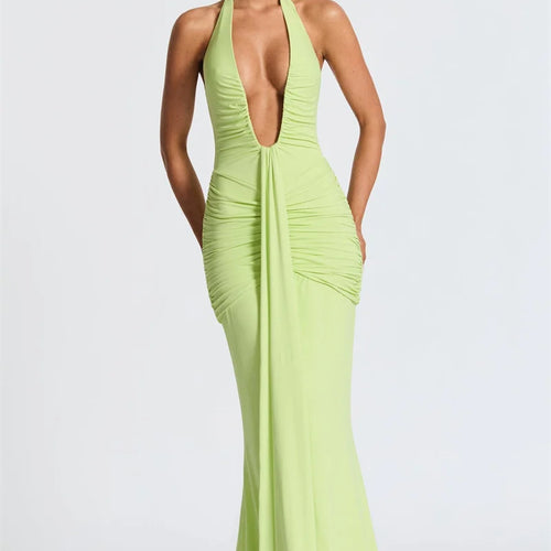 Load image into Gallery viewer, Deep V Neck Backless Ruched Sexy Maxi Dress Women Gown Summer Halter Sleeveless Draped Club Party Long Dress 2025
