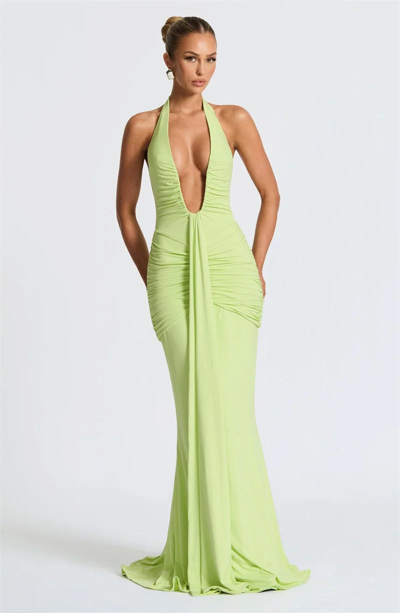 Deep V Neck Backless Ruched Sexy Maxi Dress Women Gown Summer Halter Sleeveless Draped Club Party Long Dress 2025