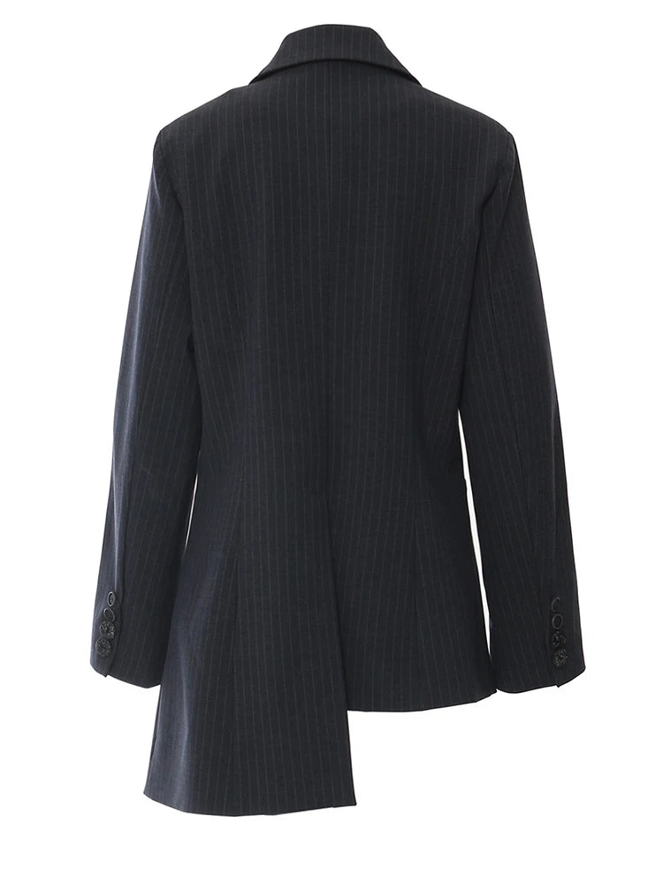 Women Navy Blue Striped Irregular Elegant Blazer New Lapel Long Sleeve Jacket Fashion Tide Spring Autumn 2025 1DH5930