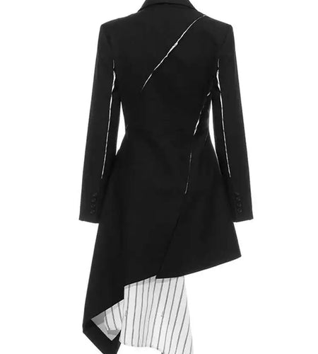 Women Black White Striped Spliced Irregular Dress New Round Neck Full Sleeve Loose Fit Fashion Spring Autumn 2025 1A320