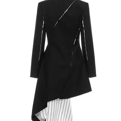 Load image into Gallery viewer, Women Black White Striped Spliced Irregular Dress New Round Neck Full Sleeve Loose Fit Fashion Spring Autumn 2025 1A320
