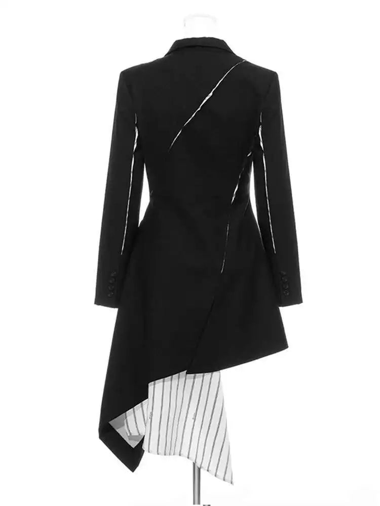 Women Black White Striped Spliced Irregular Dress New Round Neck Full Sleeve Loose Fit Fashion Spring Autumn 2025 1A320