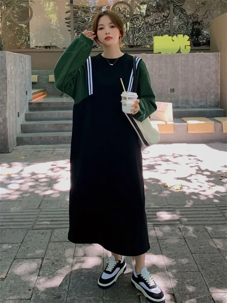 Korean Oversize Striped Patchwork Black Midi Dress Women Kpop Fashion Casual School Student Dresses Autumn Spring